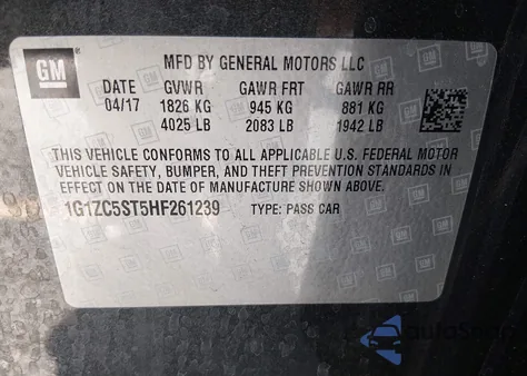 2017 Chevrolet Malibu 1Fl z USA, uszkodzony, nr VIN 1G1ZC5ST5HF261239